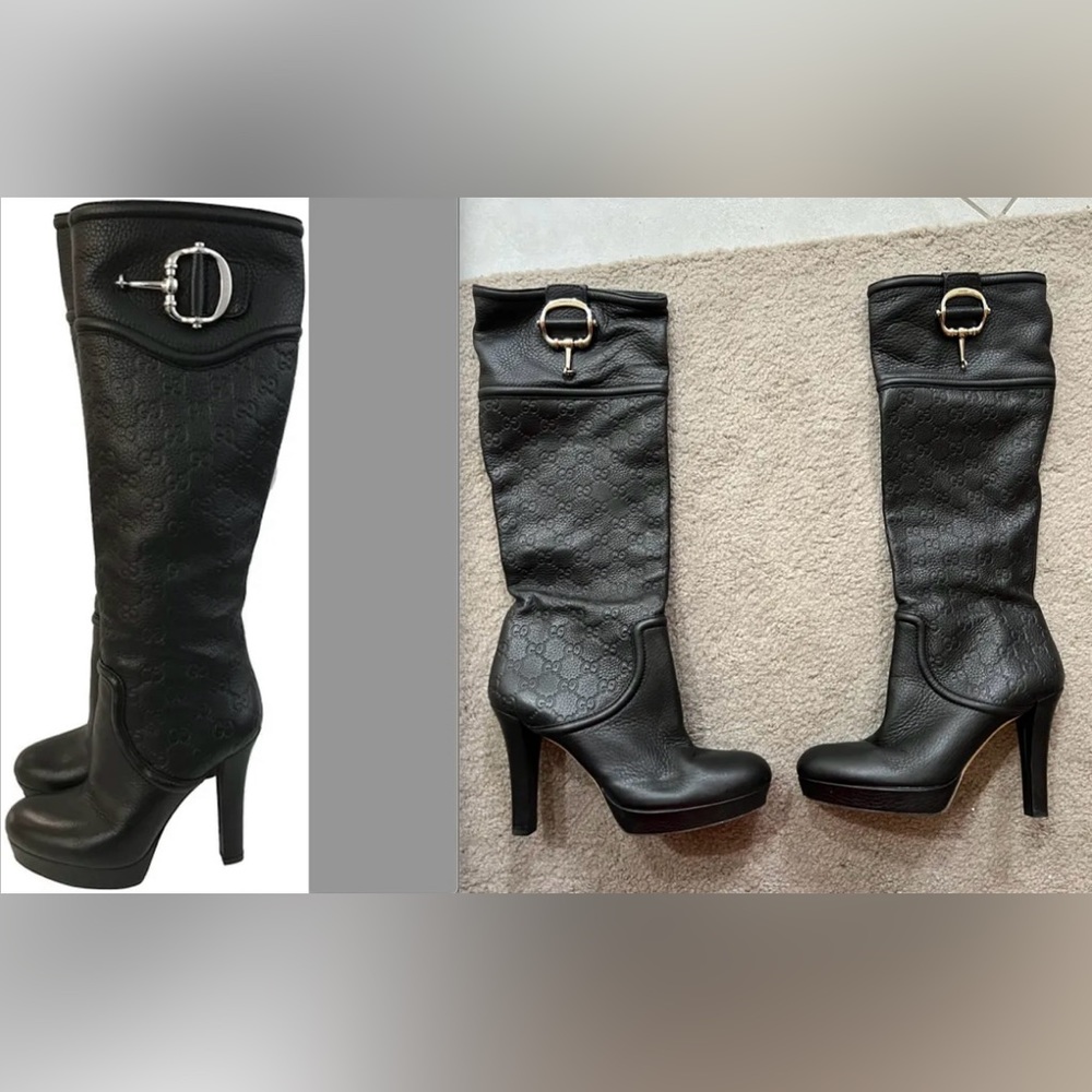 STUNNING Gucci Black Guccissima Cellarius Softy Knee High Logo GG Leather Boots!